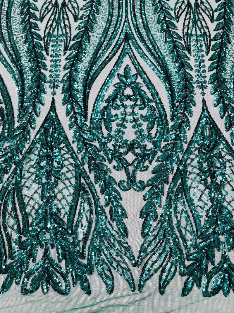 Mermaid Design Sequins Fabric - Green - Sequins Fabric 4 Way Stretch on Mesh By Yard