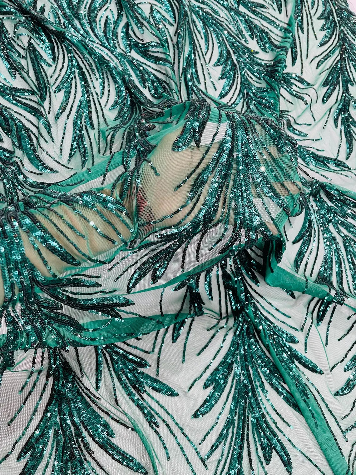 Leaf Design Stretch Sequins - Green - 4 Way Stretch Lace Mesh Sequins Fabric by Yard