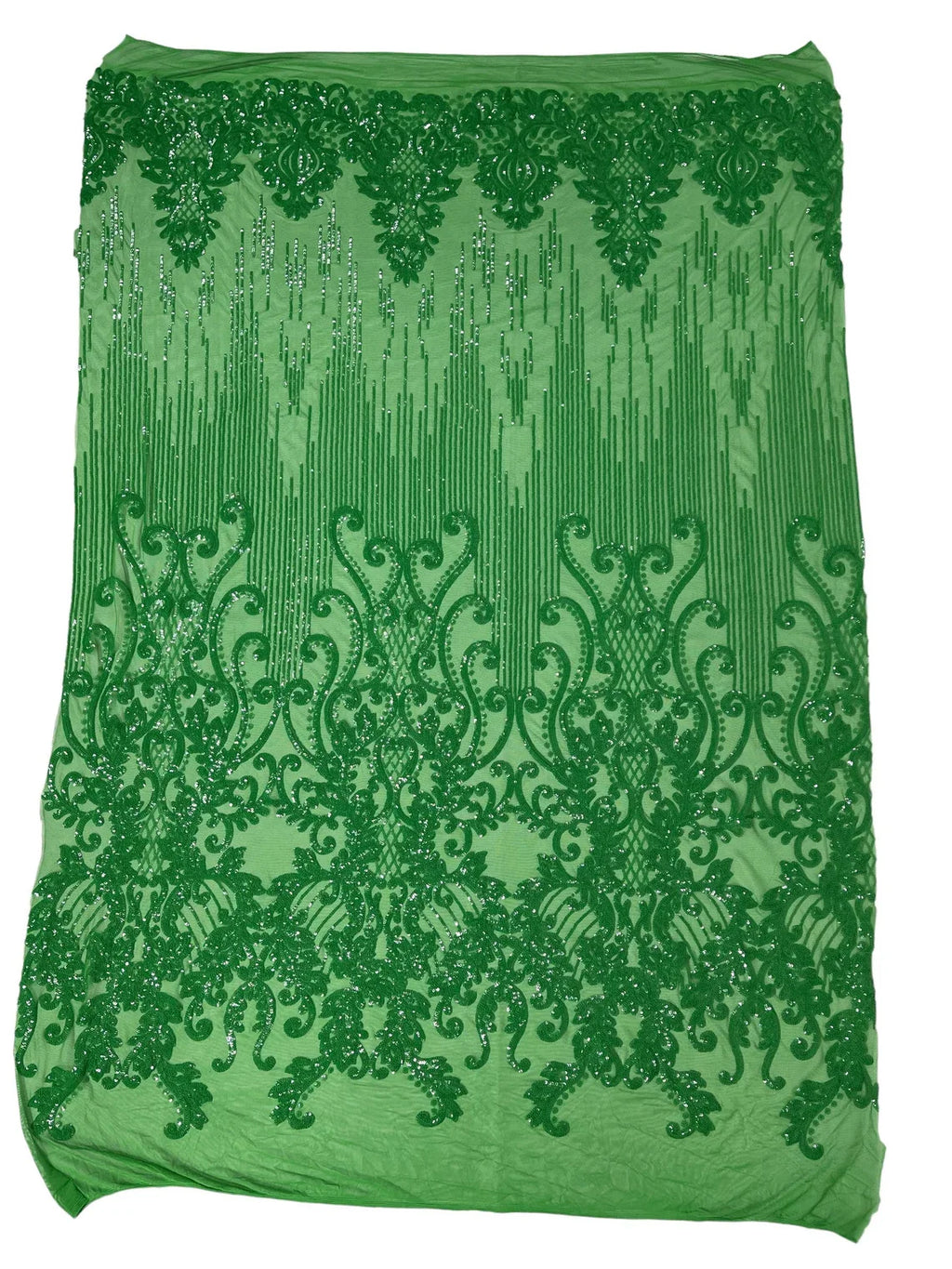 Damask Line Pattern - Green - 4 Way Stretch Damask Sequins Line Fabric Sold By Yard