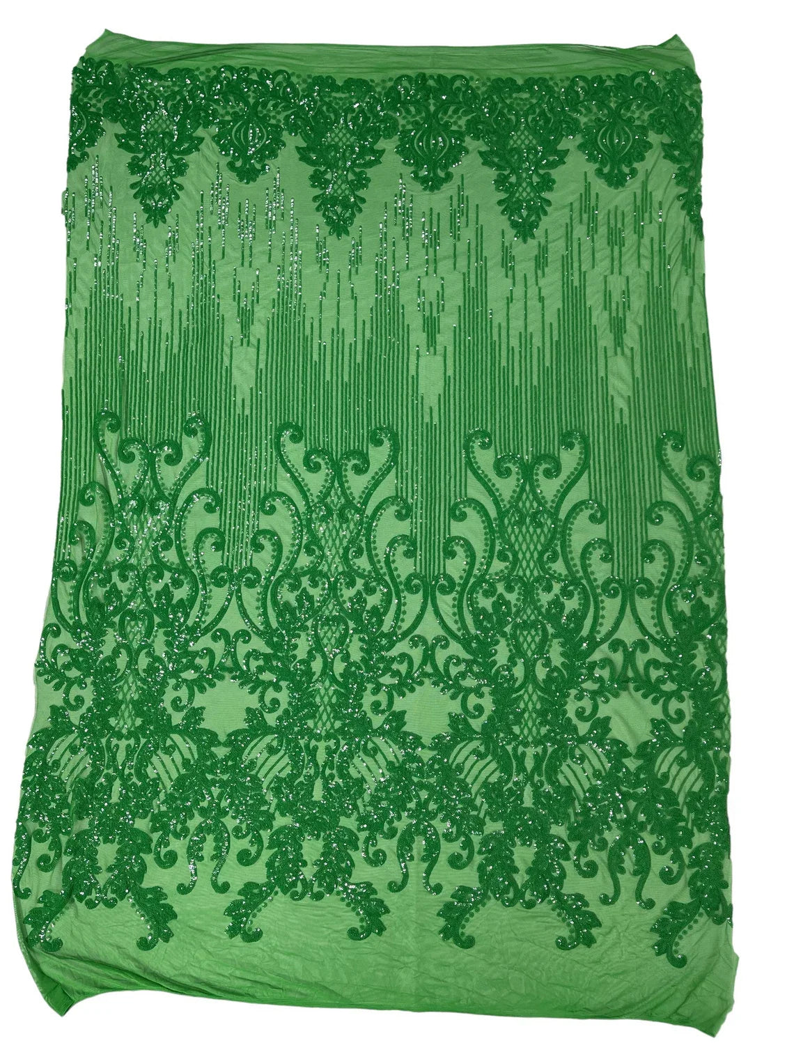 Damask Line Pattern - Green - 4 Way Stretch Damask Sequins Line Fabric Sold By Yard
