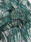 Wavy Leaf Sequins Fabric - Green - Wavy Lines and Leaves Design on Lace Mesh Fabric by Yard