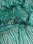 Curvy Line Design Fabric - Green - 4 Way Stretch Sequins Design Mesh Lace Fabric by Yard