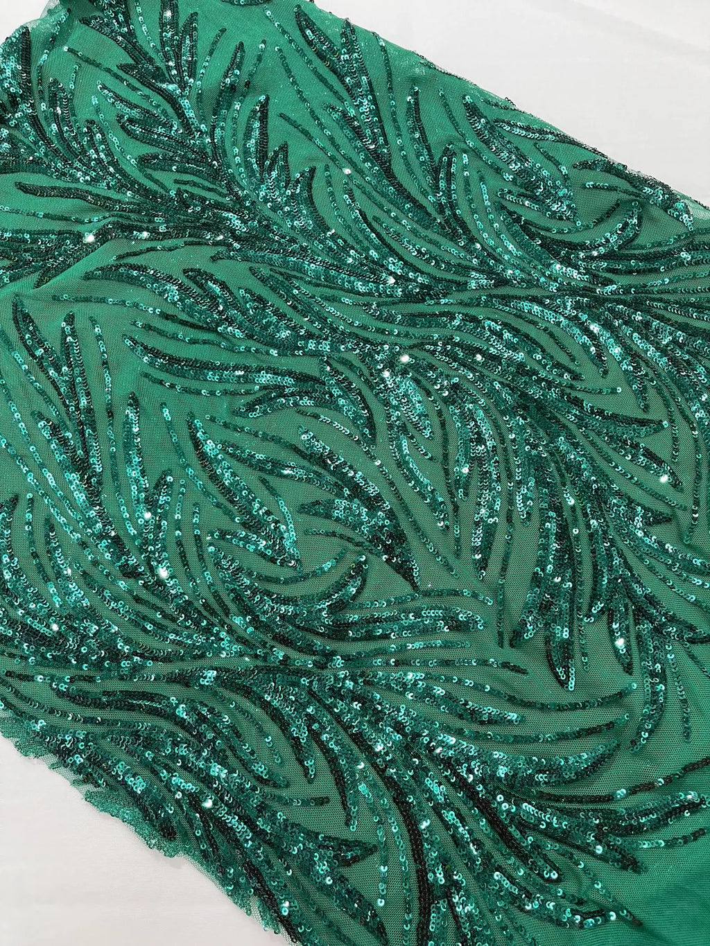 Leaf Design Stretch Sequins - Green - 4 Way Stretch Lace Mesh Sequins Fabric by Yard