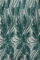 Wavy Leaf Sequins Fabric - Green - Wavy Lines and Leaves Design on Lace Mesh Fabric by Yard