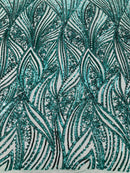 Curvy Line Design Fabric - Green - 4 Way Stretch Sequins Design Mesh Lace Fabric by Yard