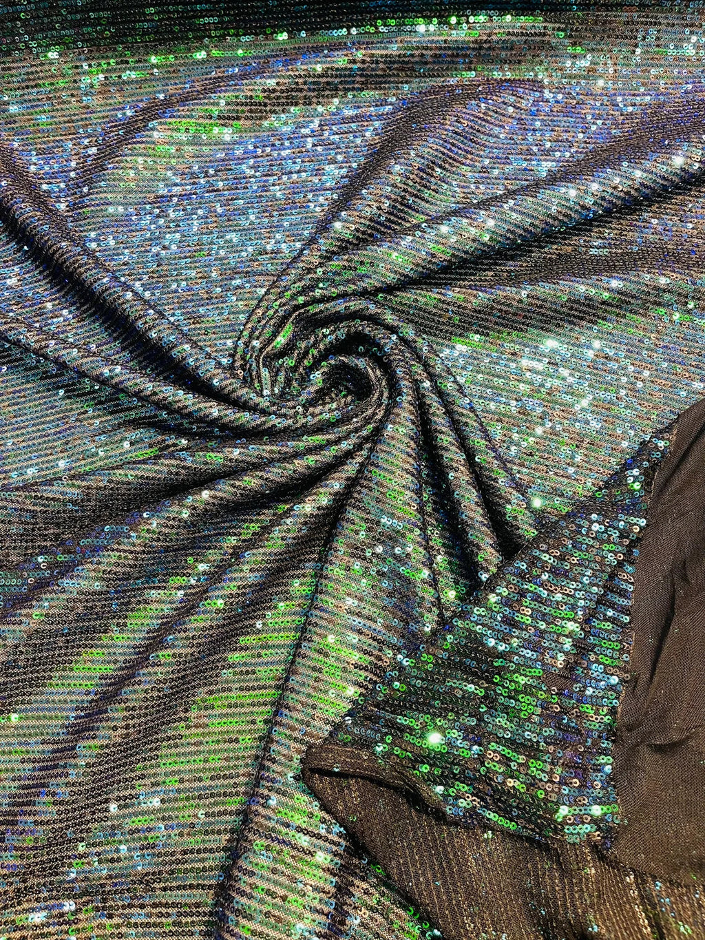 Mille Striped Stretch Sequins - Green Iridescent - 4 Way Stretch Spandex Sequins Striped Fabric By The Yard