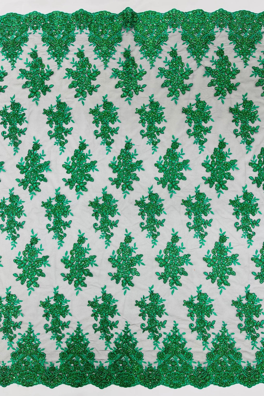 Floral Lace Fabric - Green on Black - Metallic Floral Design on Lace Mesh Fabric By Yard