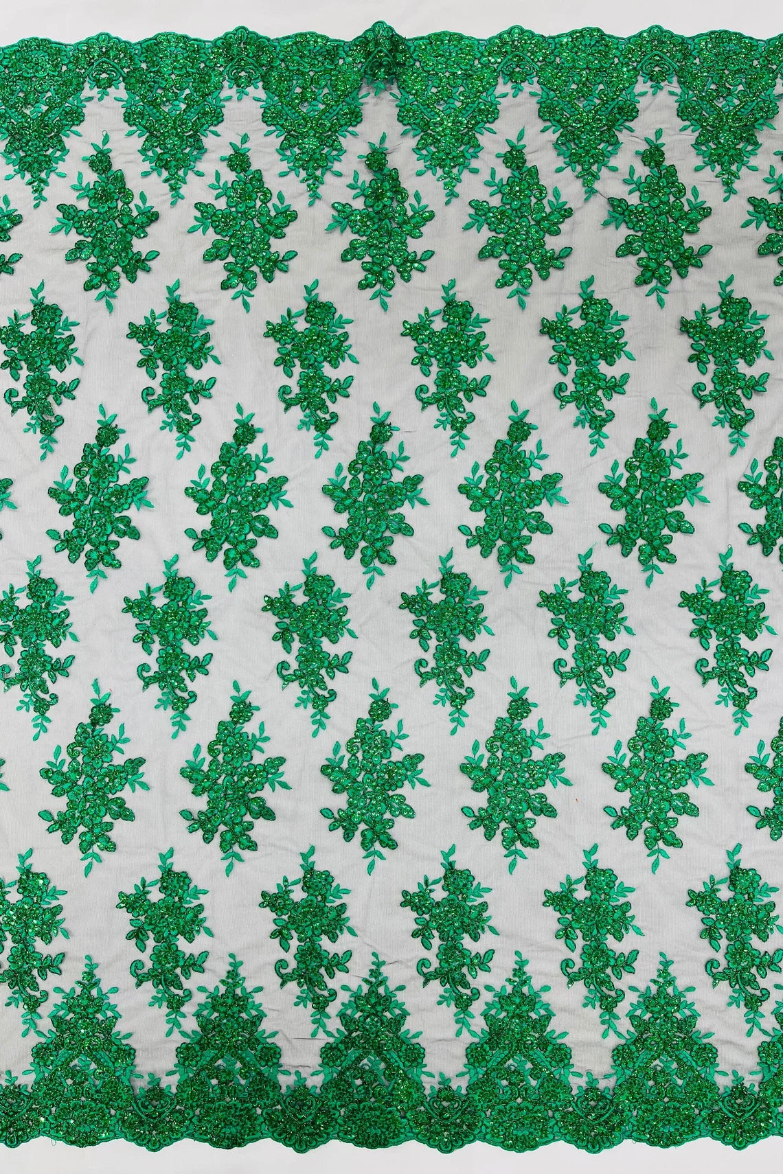 Floral Lace Fabric - Green on Black - Metallic Floral Design on Lace Mesh Fabric By Yard