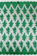 Floral Lace Fabric - Green on Black - Metallic Floral Design on Lace Mesh Fabric By Yard