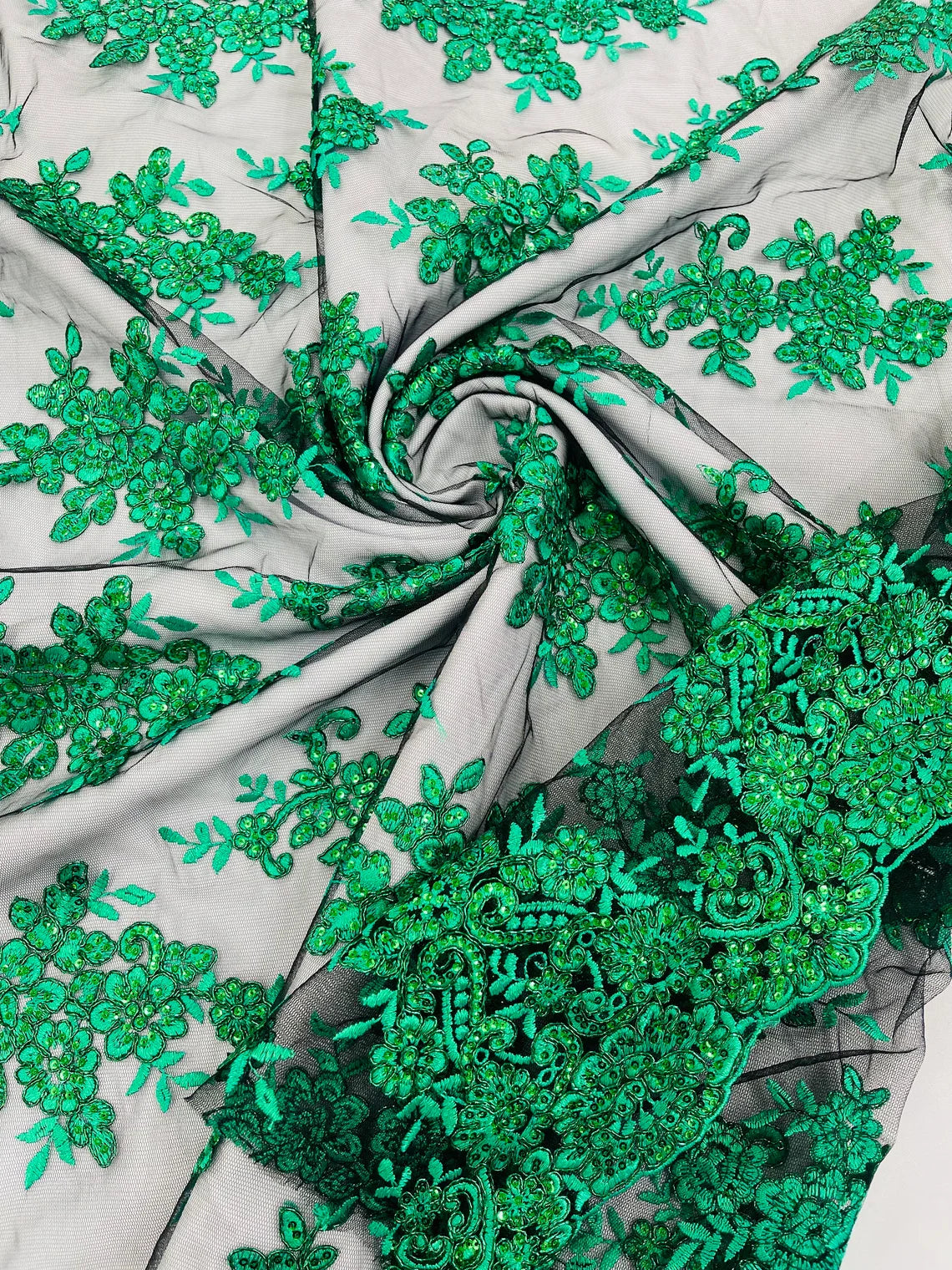 Floral Lace Fabric - Green on Black - Metallic Floral Design on Lace Mesh Fabric By Yard