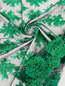 Floral Lace Fabric - Green on Black - Metallic Floral Design on Lace Mesh Fabric By Yard
