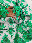 Floral Lace Fabric - Green on Black - Metallic Floral Design on Lace Mesh Fabric By Yard