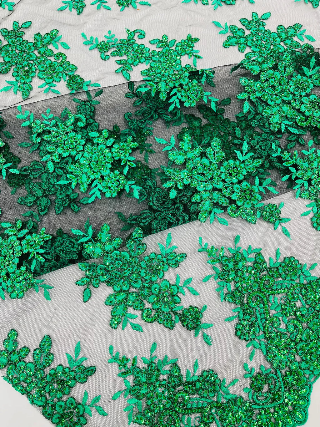 Floral Lace Fabric - Green on Black - Metallic Floral Design on Lace Mesh Fabric By Yard