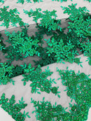 Floral Lace Fabric - Green on Black - Metallic Floral Design on Lace Mesh Fabric By Yard
