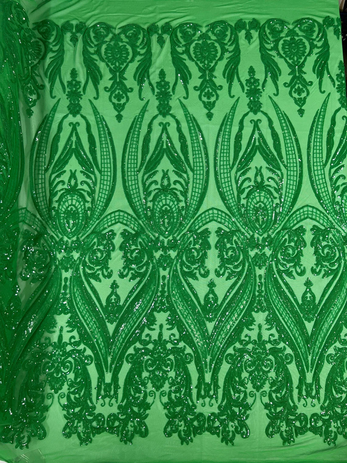 Damask Sequins Fabric - 4 Way Stretch Big Damask Sequins Fabric - Pick Color - 25 Yard Roll