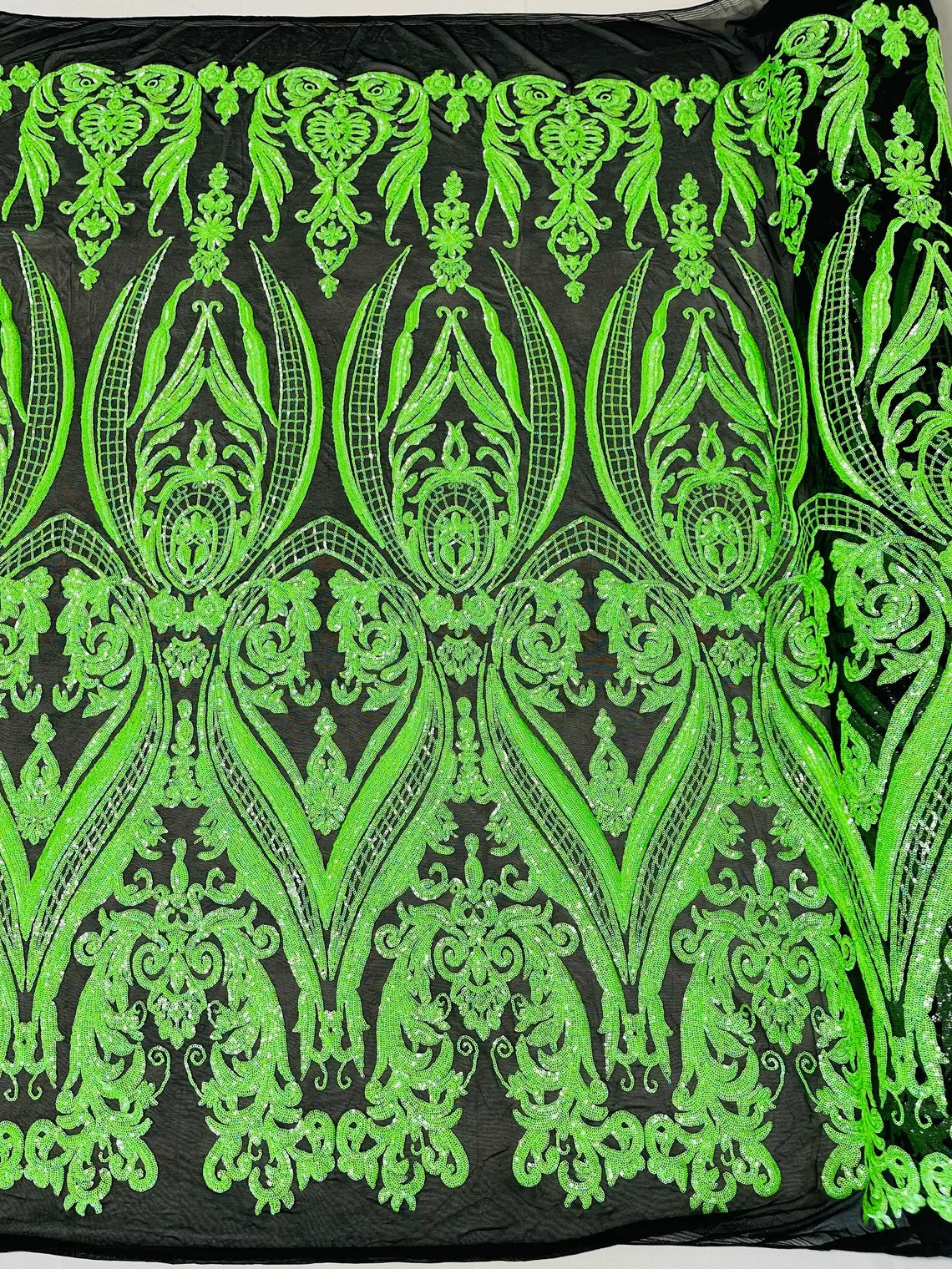 Damask Sequins Fabric - 4 Way Stretch Big Damask Sequins Fabric - Pick Color - 25 Yard Roll