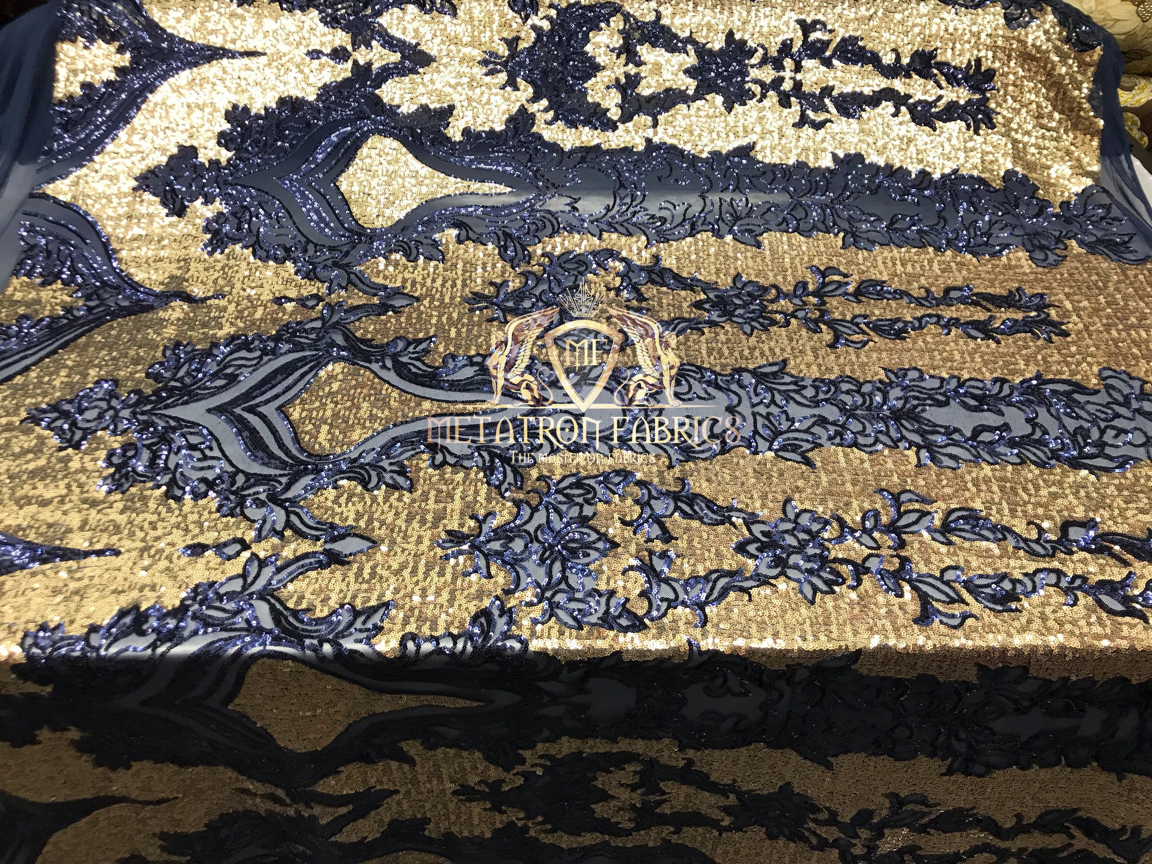 4 Way Stretch - Navy and Gold - Two Tone Flower Design Sequins On Stretch Mesh By The Yard