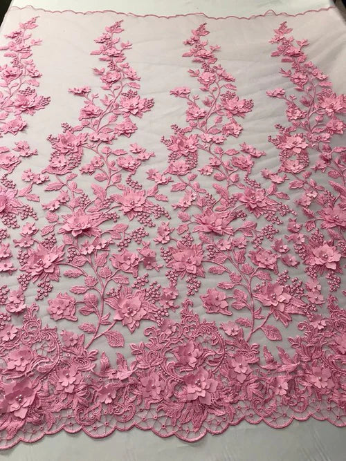 3D Pearl Floral Fabric - Floral Design Embroidered on Mesh Lace Fabric - 25 Yard Roll