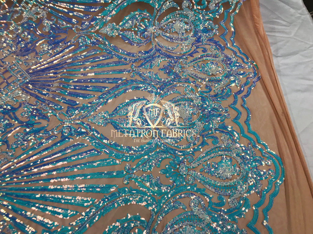 Iridescent Sequins - Lilac / Aqua - 4 Way Stretch Damask Design Fabric On Stretch Mesh By The Yard