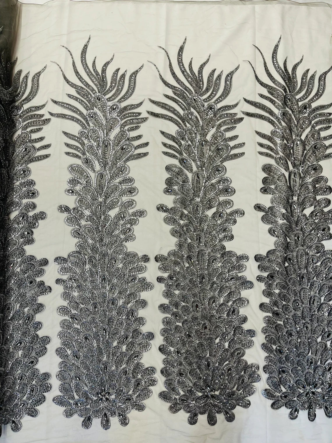 3D Beaded Peacock Feathers - Vegas Design Embroidered Sequins and Beads On a Mesh Lace Fabric - 15 Yard Roll