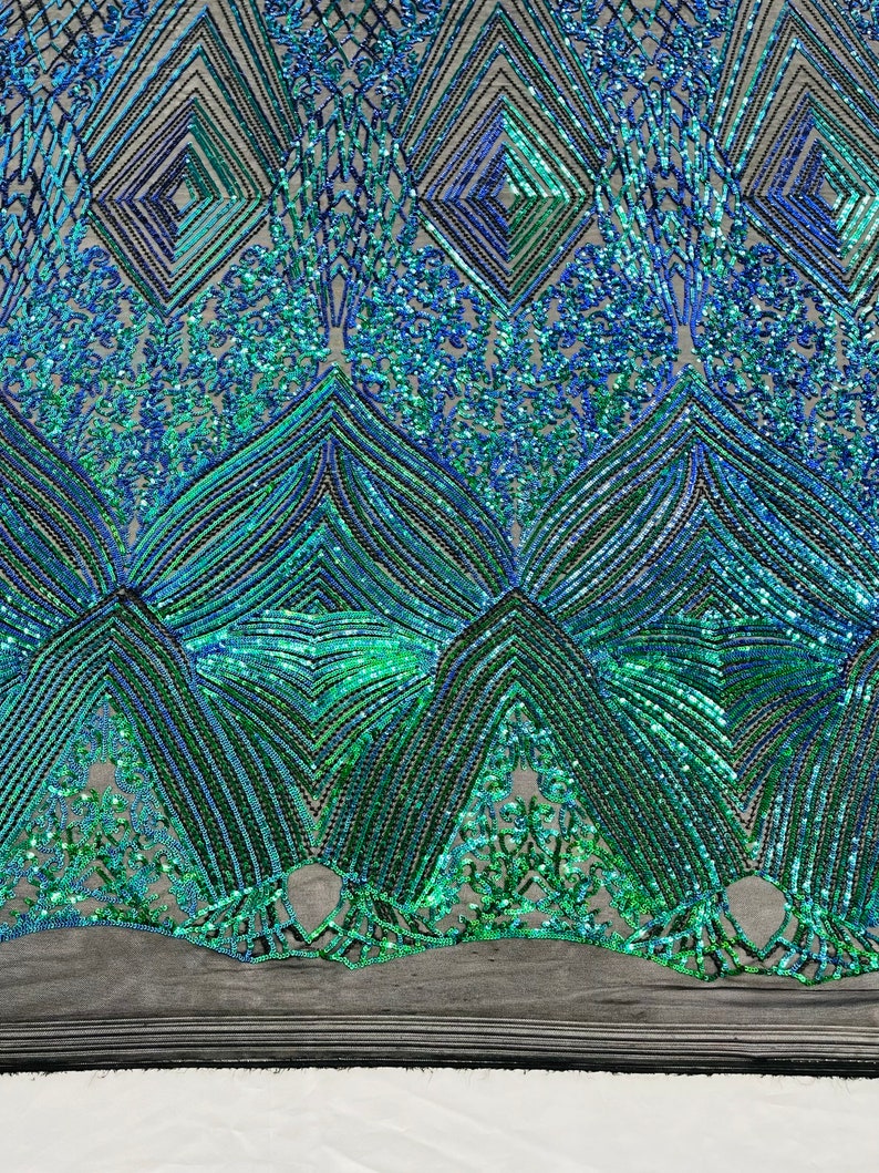 Green Iridescent Sequins Fabric on Black Mesh, GEOMETRIC Design 4 way Stretch By The Yard