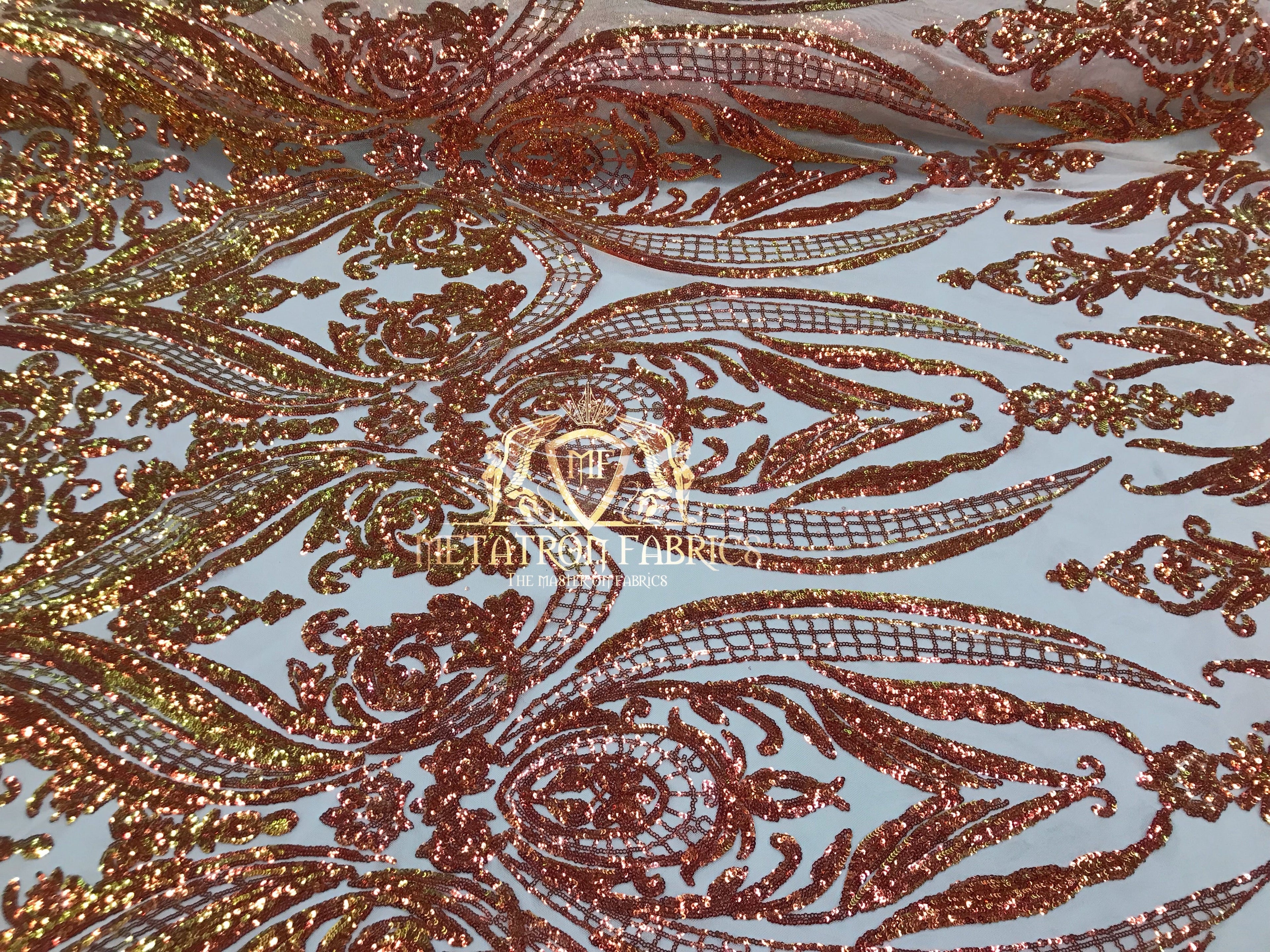 Big Damask Sequins Fabric - Orange - 4 Way Stretch Damask Sequins Design Fabric By Yard