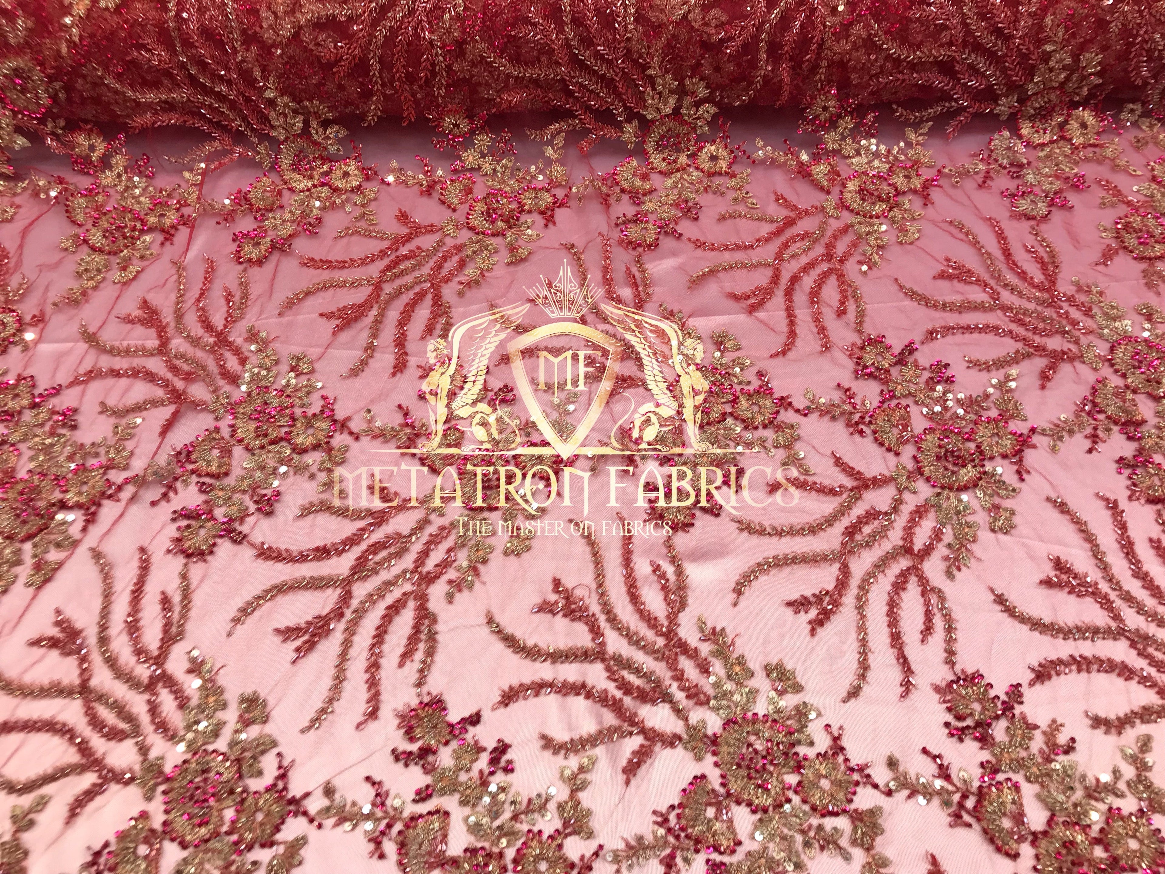 Beaded - Fuschia - Fancy Flower Design Sequins Fabric with Beads Sold By The Yard