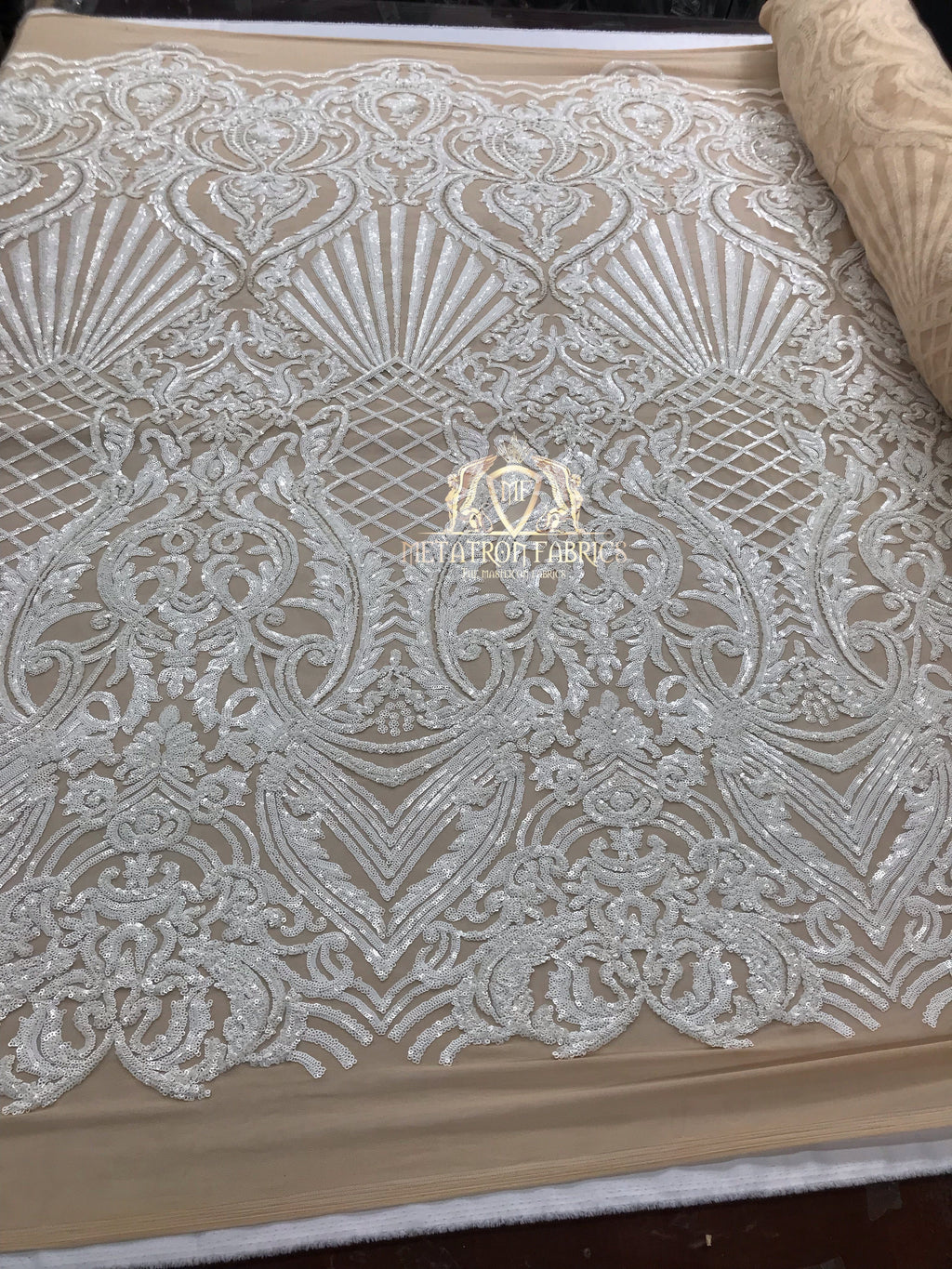 Sequins - White on Dark Nude Mesh - 4 Way Stretch Fancy Fabric Embroidered On Mesh Sold By The Yard