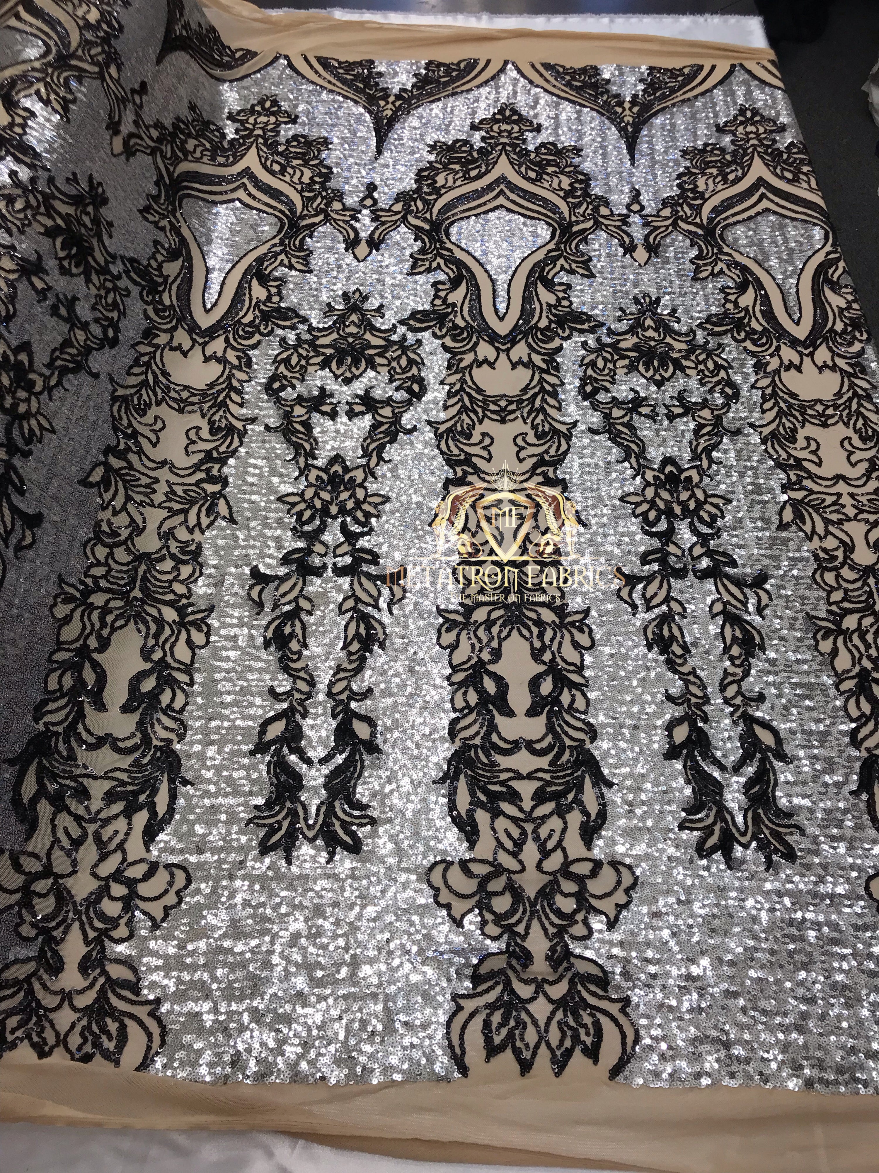 4 Way Stretch - Silver and Black - Two Tone Flower Design Sequins On Stretch Mesh By The Yard
