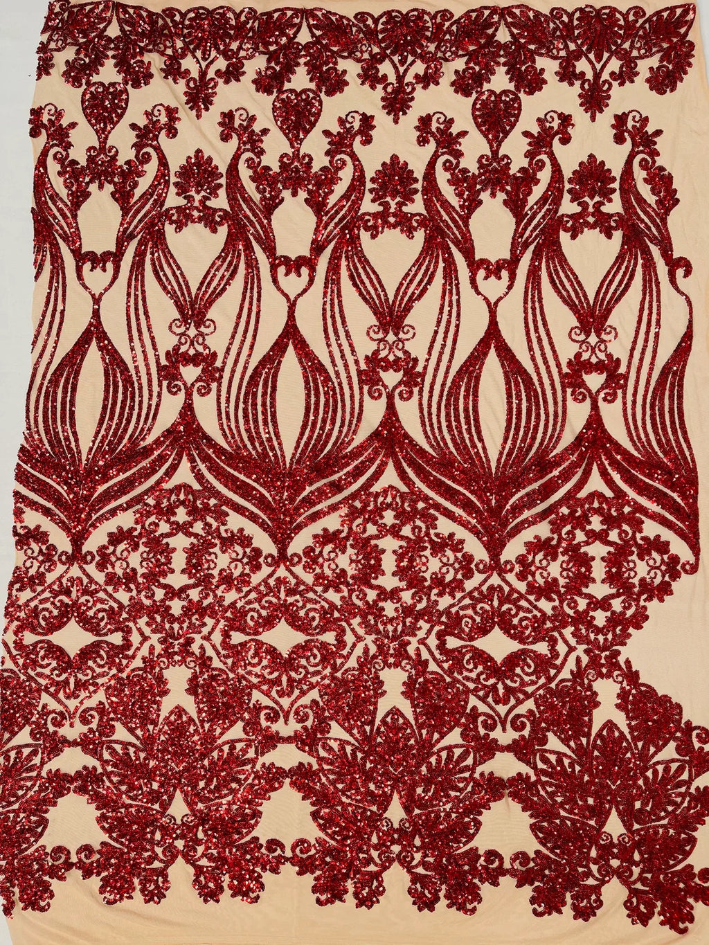 Damask Heart Design - Iridescent Red on Nude - Damask with Heart Design Sequins on Mesh By Yard