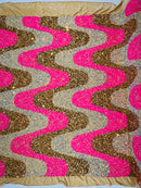 Wavy Line Velvet Sequins - Hot Pink / Gold / Clear Iridescent - Velvet Sequins 2 Way Stretch Fabric 58/60” By Yard