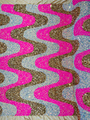 Wavy Line Velvet Sequins - Hot Pink / Gold / Clear Iridescent - Velvet Sequins 2 Way Stretch Fabric 58/60” By Yard