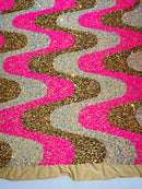 Wavy Line Velvet Sequins - Hot Pink / Gold / Clear Iridescent - Velvet Sequins 2 Way Stretch Fabric 58/60” By Yard