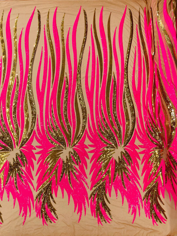 Phoenix Wing Sequins - Hot Pink / Gold - 4 Way Stretch Wings Pattern Design Fabric By Yard