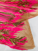 Phoenix Wing Sequins - Hot Pink / Gold - 4 Way Stretch Wings Pattern Design Fabric By Yard