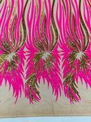 Phoenix Wing Sequins - Hot Pink / Gold - 4 Way Stretch Wings Pattern Design Fabric By Yard
