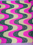 Wavy Line Velvet Sequins - Hot Pink / Hunter Green / Yellow - Velvet Sequins 2 Way Stretch Fabric 58/60” By Yard