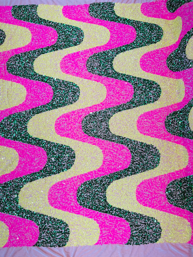 Wavy Line Velvet Sequins - Hot Pink / Hunter Green / Yellow - Velvet Sequins 2 Way Stretch Fabric 58/60” By Yard