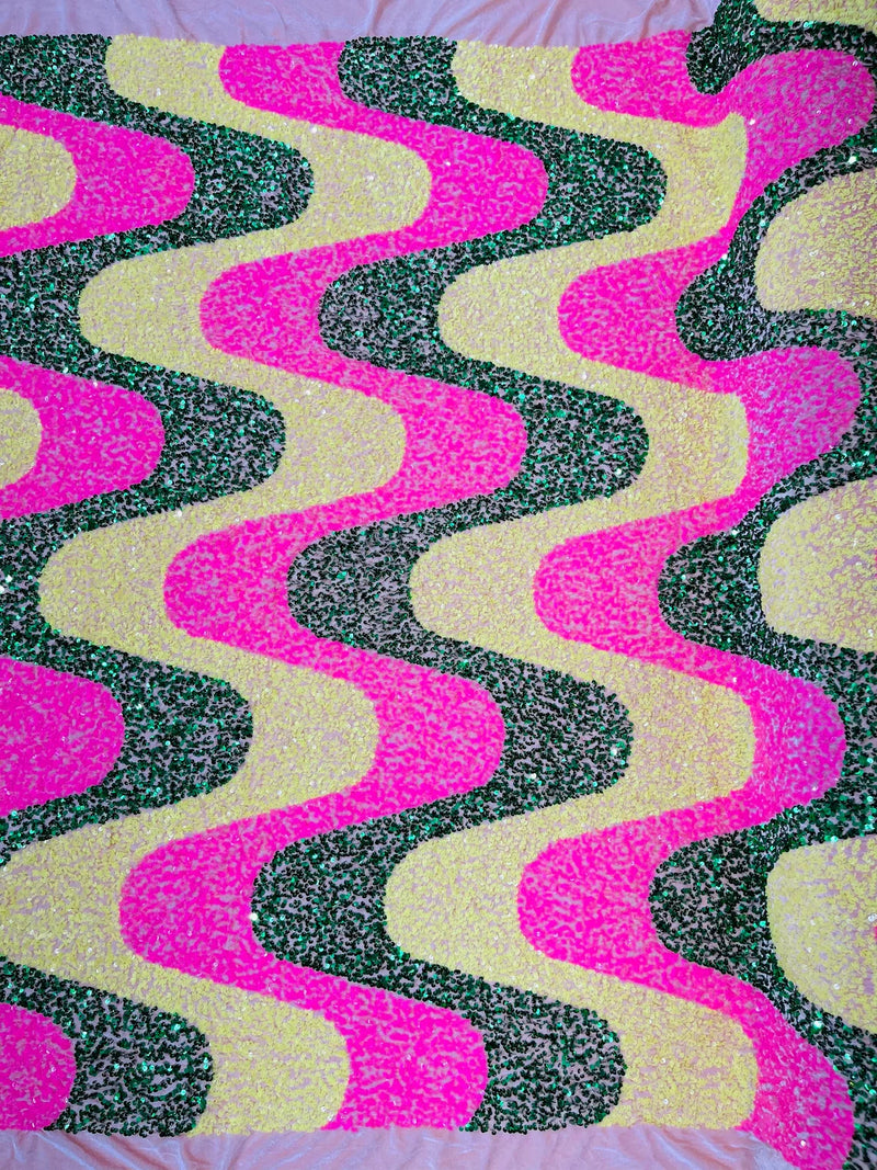 Wavy Line Velvet Sequins - Hot Pink / Hunter Green / Yellow - Velvet Sequins 2 Way Stretch Fabric 58/60” By Yard