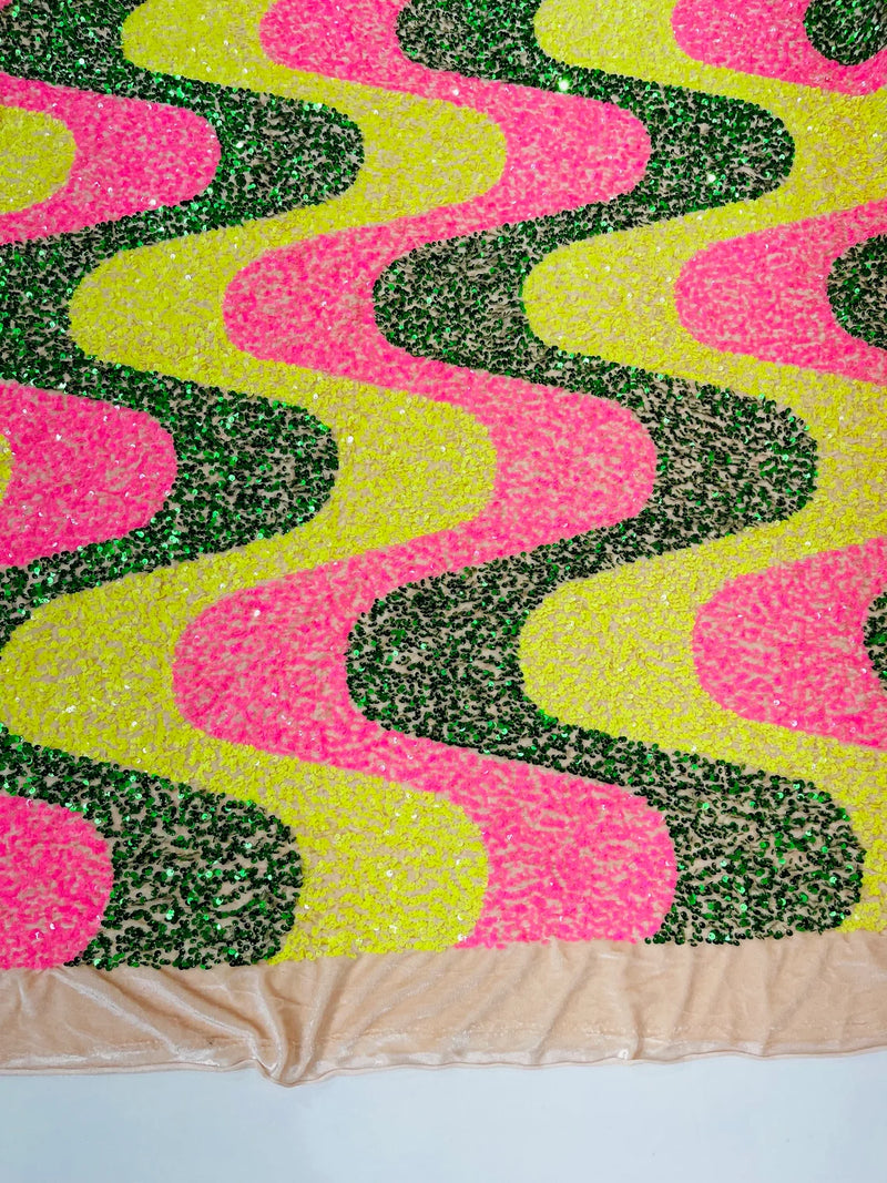 Wavy Line Velvet Sequins - Hot Pink / Hunter Green / Yellow - Velvet Sequins 2 Way Stretch Fabric 58/60” By Yard