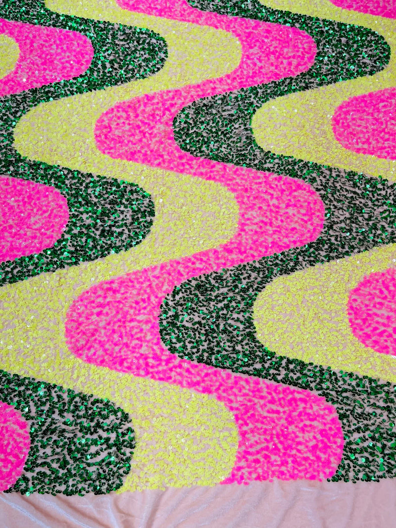 Wavy Line Velvet Sequins - Hot Pink / Hunter Green / Yellow - Velvet Sequins 2 Way Stretch Fabric 58/60” By Yard