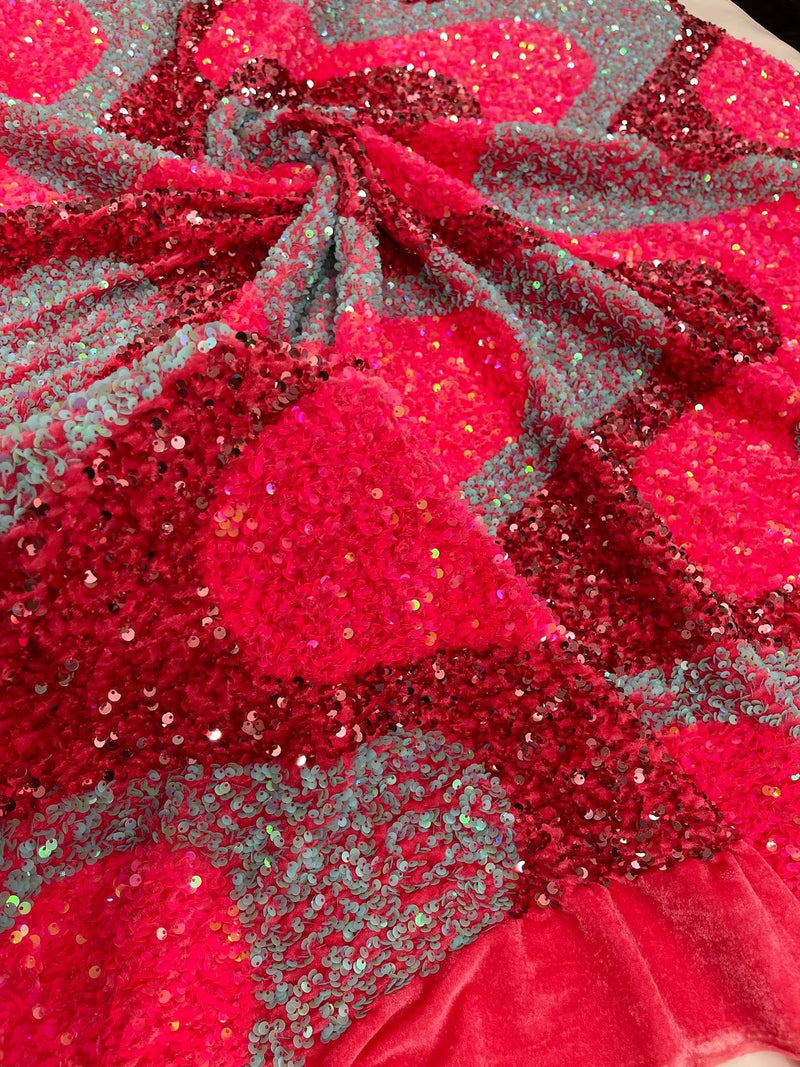 Wavy Line Velvet Sequins - Hot Pink/Rose/Mint - Velvet Sequins 2 Way Stretch Fabric 58/60” By Yard