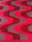 Wavy Line Velvet Sequins - Hot Pink/Rose/Mint - Velvet Sequins 2 Way Stretch Fabric 58/60” By Yard