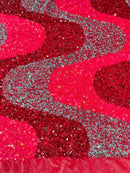 Wavy Line Velvet Sequins - Hot Pink/Rose/Mint - Velvet Sequins 2 Way Stretch Fabric 58/60” By Yard