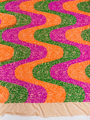 Wavy Line Velvet Sequins - Hot Pink / Orange / Green - Velvet Sequins 2 Way Stretch Fabric 58/60” By Yard