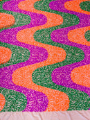 Wavy Line Velvet Sequins - Hot Pink / Orange / Green - Velvet Sequins 2 Way Stretch Fabric 58/60” By Yard