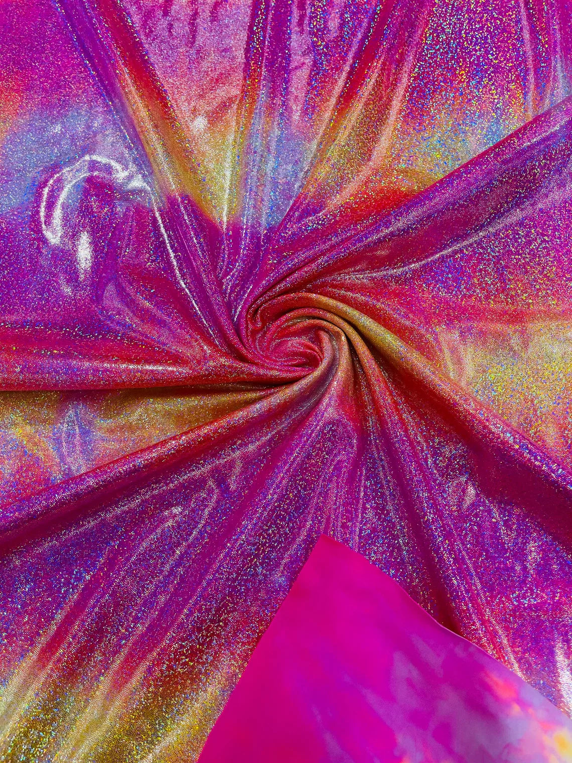 Mystique Foil Fabric - Hot Pink / Orange Tie Dye - 58/60" 4 Way Stretch Iridescent Foggy Foil Fabric Nylon/Spandex By Yard