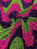 Wavy Line Velvet Sequins - Hot Pink/Purple/Green - Velvet Sequins 2 Way Stretch Fabric 58/60” By Yard