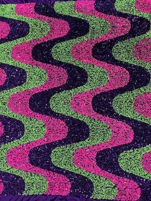 Wavy Line Velvet Sequins - Hot Pink/Purple/Green - Velvet Sequins 2 Way Stretch Fabric 58/60” By Yard