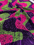 Wavy Line Velvet Sequins - Hot Pink/Purple/Green - Velvet Sequins 2 Way Stretch Fabric 58/60” By Yard